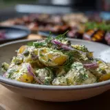 En krämig potatissallad med dill och rödlök, kanske den godaste potatissalladen till grillat.