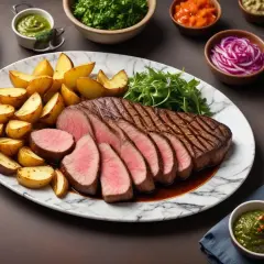 En perfekt stekt picanha steka med saftiga potatisklyftor och en grön sås.