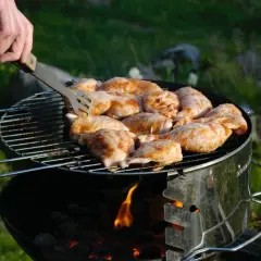 Grilla med kolgrill. Kycklingdelar ligger på grillgallret, en hand vänder dem med en grilltång. Glödande kol syns under.