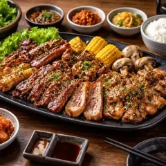En generös asiatisk grilltallrik med olika sorters kött, majskolvar, champinjoner, ris och dippsåser.