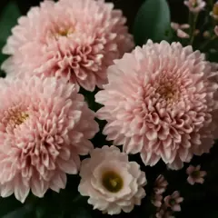 En bukett med fluffiga, rosa snittblommor och små, ljusrosa blommor. En vit ros-knopp syns till vänster.