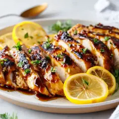 Skivad grillad kyckling med en glansig glaze, garnerad med citronskivor och persilja. Perfekt grillmarinad kyckling för sommaren.