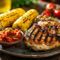 Grillad kyckling med grillad majskolv och tomatsalsa. En härlig rub till kyckling gör den extra god.