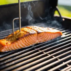 En saftig bit grillad lax med en termometer som mäter den perfekta temperaturen.