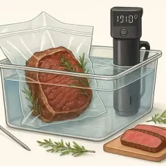 En ryggbiff vakuumpackas med rosmarin i ett vattenbad för perfekt innertemperatur. En sous vide-cirkulator visar 101.0°C.