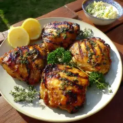 Grillad kyckling med härlig kycklingmarinad bbq, serverad med citronklyftor och färska örter. Perfekt sommarmat!