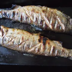 Två grillade saltlake fiskar ligger på en svart plåt. De har fått fina grillränder och ser saftiga ut.