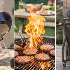 Tre olika grillar: en klassisk klotgrill, burgare som grillas med flammor och en stor keramikgrill.