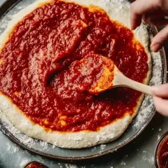 En pizza förbereds med en generös mängd smakrik grillsås tomat.