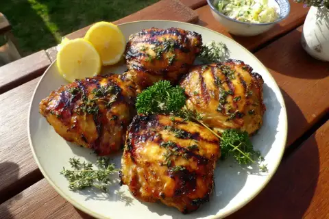 Grillad kyckling med härlig kycklingmarinad bbq, serverad med citronklyftor och färska örter. Perfekt sommarmat!