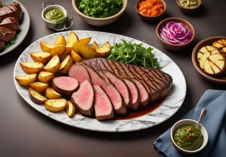En perfekt stekt picanha steka med saftiga potatisklyftor och en grön sås.