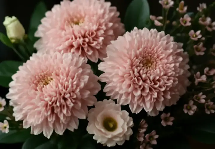 En bukett med fluffiga, rosa snittblommor och små, ljusrosa blommor. En vit ros-knopp syns till vänster.