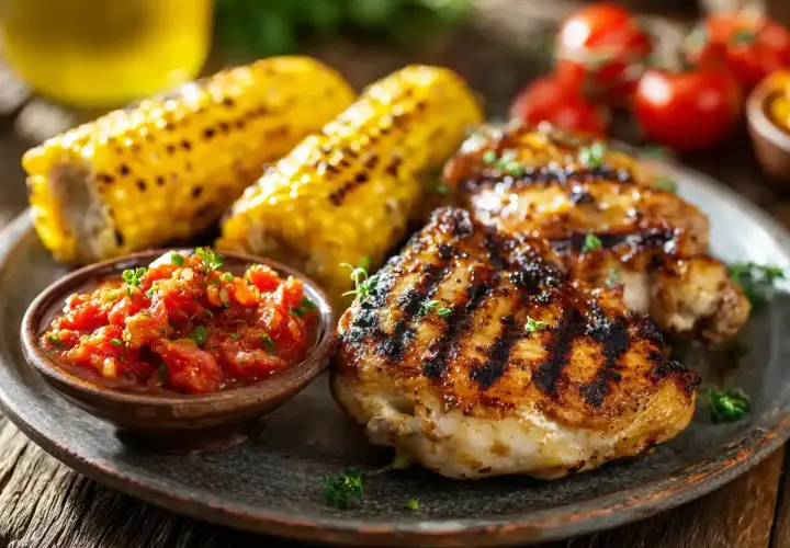 Grillad kyckling med grillad majskolv och tomatsalsa. En härlig rub till kyckling gör den extra god.