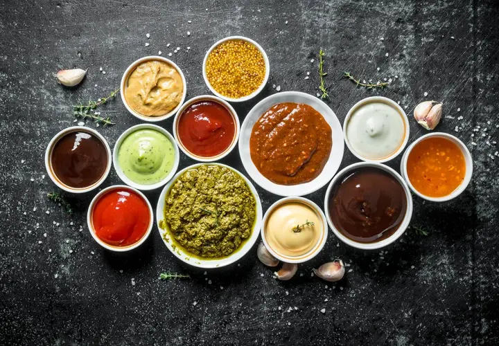 Olika såser i skålar, perfekt för att hitta inspiration till ditt eget barbequesås recept. Här finns allt från röd ketchup till grön pesto.