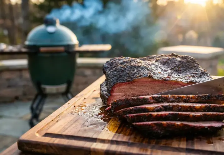 Rökig brisket skärs upp på en skärbräda. En grön kamado-grill syns i bakgrunden, perfekt för detta kamado recept.