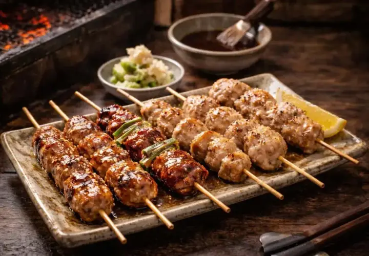 Läckra yakitori kycklingspett med en glansig sås och sesamfrön, serverade på en tallrik med citronklyfta.