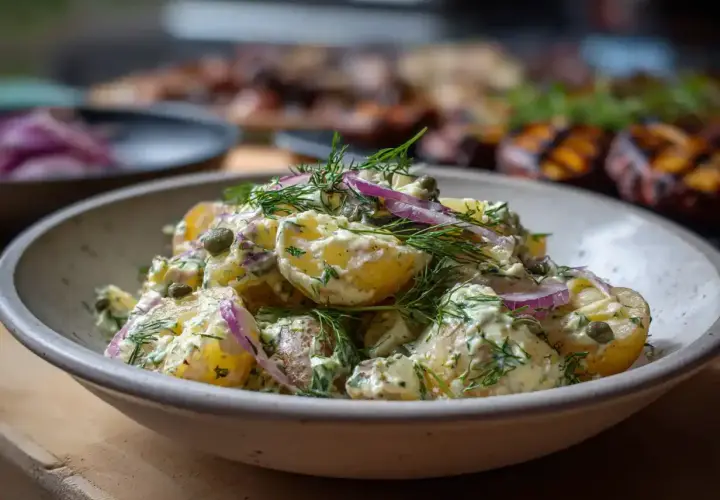 En krämig potatissallad med dill och rödlök, kanske den godaste potatissalladen till grillat.