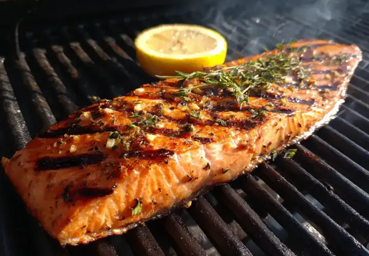 En saftig bit saltlag lax grillas med citron och örter. Röken stiger från grillen.