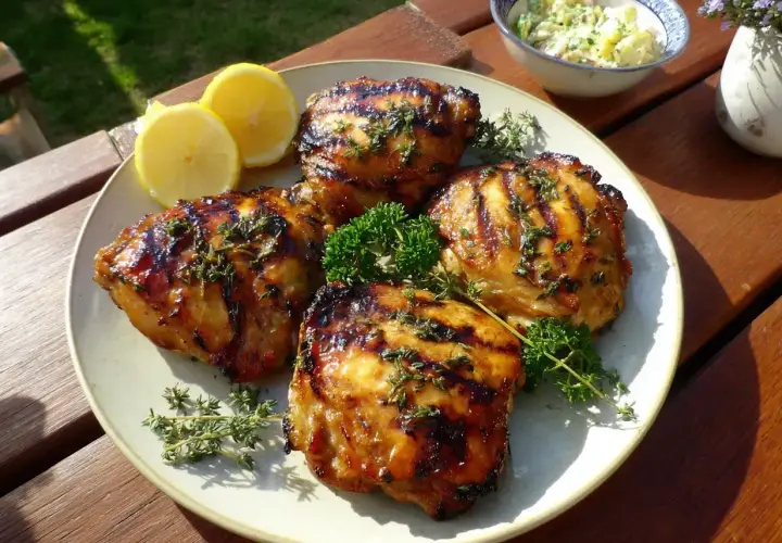 Grillad kyckling med härlig kycklingmarinad bbq, serverad med citronklyftor och färska örter. Perfekt sommarmat!