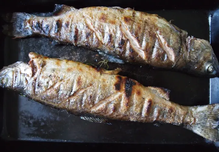 Två grillade saltlake fiskar ligger på en svart plåt. De har fått fina grillränder och ser saftiga ut.