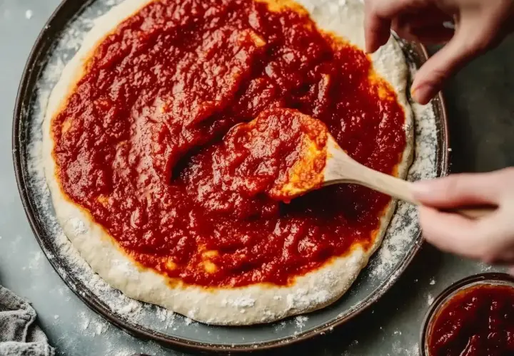En pizza förbereds med en generös mängd smakrik grillsås tomat.