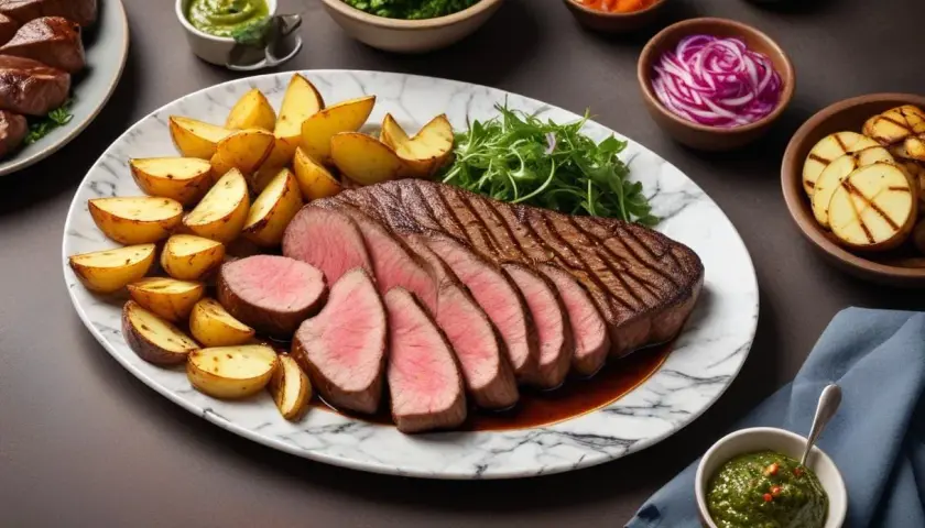 En perfekt stekt picanha steka med saftiga potatisklyftor och en grön sås.