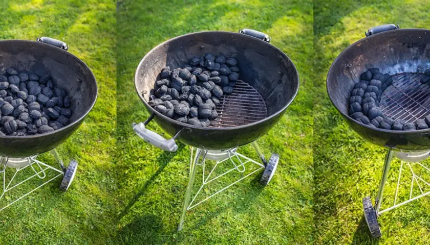 Tre grillar på gräsmattan, en med mycket kol, en med lite mindre, och en med bara lite kol kvar. Hur mycket kol i grillen?