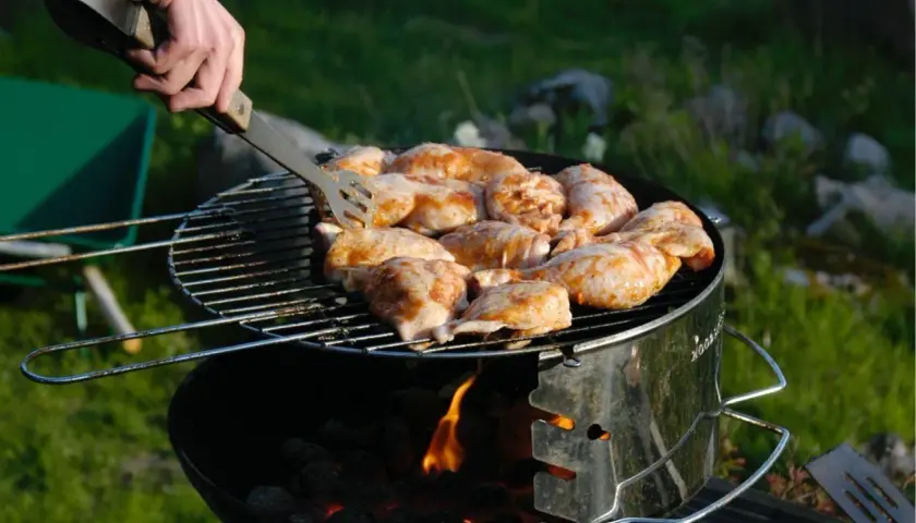 Grilla med kolgrill. Kycklingdelar ligger på grillgallret, en hand vänder dem med en grilltång. Glödande kol syns under.