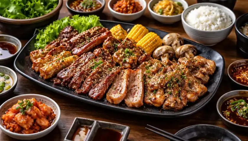 En generös asiatisk grilltallrik med olika sorters kött, majskolvar, champinjoner, ris och dippsåser.