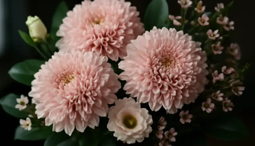 En bukett med fluffiga, rosa snittblommor och små, ljusrosa blommor. En vit ros-knopp syns till vänster.