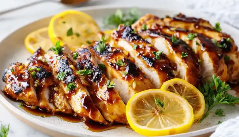 Skivad grillad kyckling med en glansig glaze, garnerad med citronskivor och persilja. Perfekt grillmarinad kyckling för sommaren.
