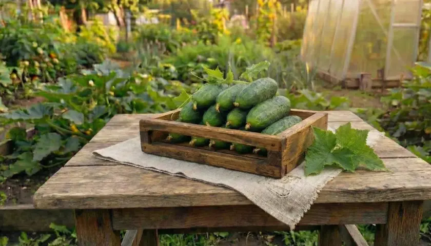 Färska gurkor i en trälåda på ett bord i en trädgård. Solen skiner och det ser ut som en perfekt dag för att skörda.