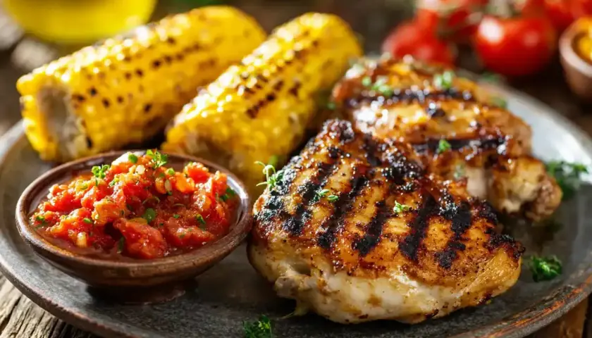 Grillad kyckling med grillad majskolv och tomatsalsa. En härlig rub till kyckling gör den extra god.