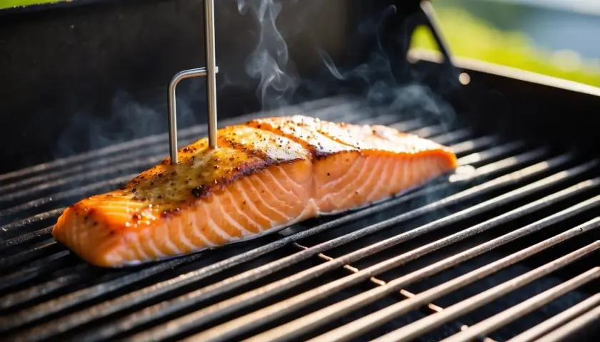 En saftig bit grillad lax med en termometer som mäter den perfekta temperaturen.