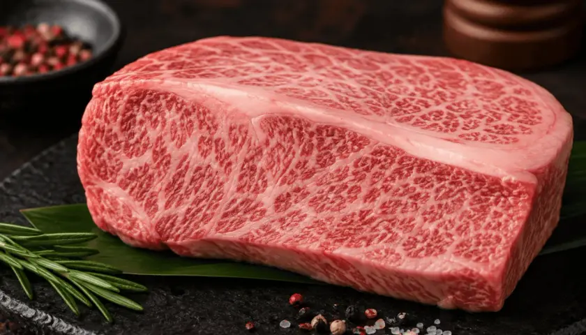En marmorerad bit wagyu-kött, redo att grilla. Kryddad med pepparkorn och havssalt, med en rosmarinkvist som dekoration.