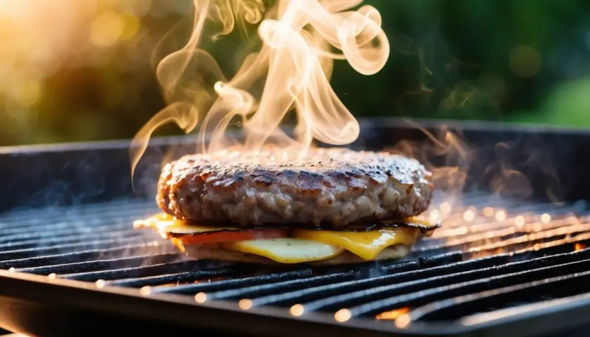 En saftig hamburgare med smält ost och tomat grillas. Röken stiger, perfekt för att avgöra hamburgare innertemperatur.