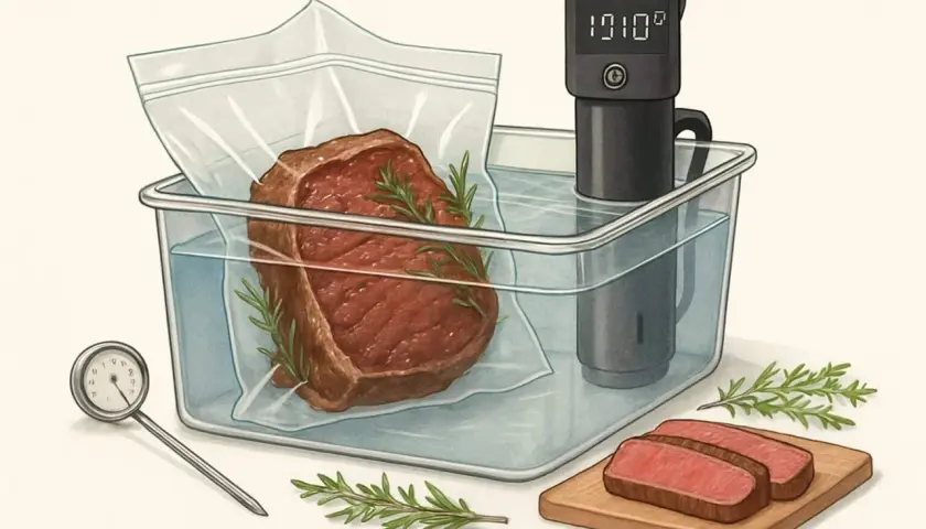 En ryggbiff vakuumpackas med rosmarin i ett vattenbad för perfekt innertemperatur. En sous vide-cirkulator visar 101.0°C.