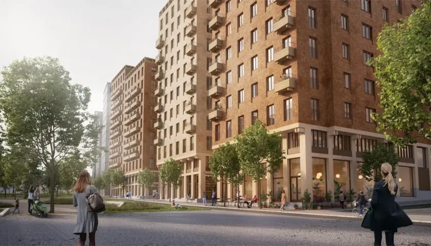 En livlig gata i Sverige med moderna bostadshus i träfasad, gröna träd och människor som njuter av en solig dag. En känsla av ceder sverige.