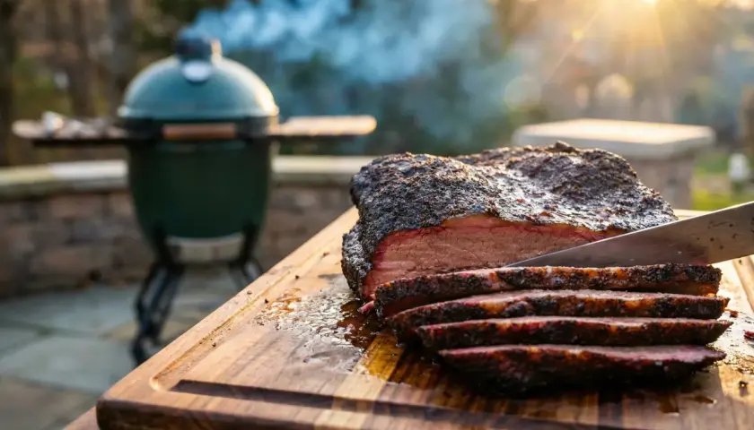 Rökig brisket skärs upp på en skärbräda. En grön kamado-grill syns i bakgrunden, perfekt för detta kamado recept.