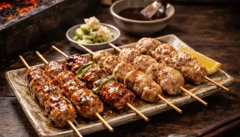 Läckra yakitori kycklingspett med en glansig sås och sesamfrön, serverade på en tallrik med citronklyfta.