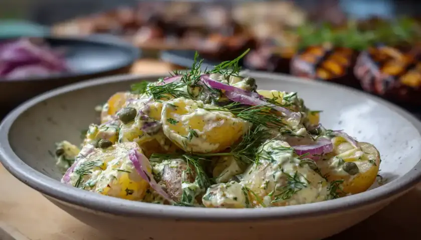 En krämig potatissallad med dill och rödlök, kanske den godaste potatissalladen till grillat.