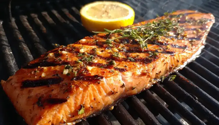 En saftig bit saltlag lax grillas med citron och örter. Röken stiger från grillen.