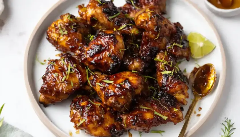En tallrik med glaserade kycklingvingar, toppade med lime och örter. En sked med glaze ligger bredvid.