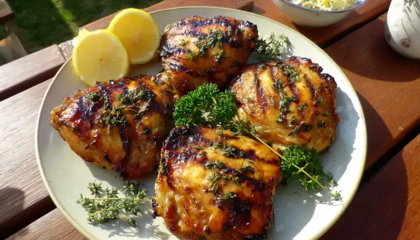 Grillad kyckling med härlig kycklingmarinad bbq, serverad med citronklyftor och färska örter. Perfekt sommarmat!