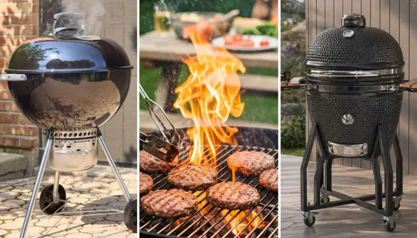 Tre olika grillar: en klassisk klotgrill, burgare som grillas med flammor och en stor keramikgrill.