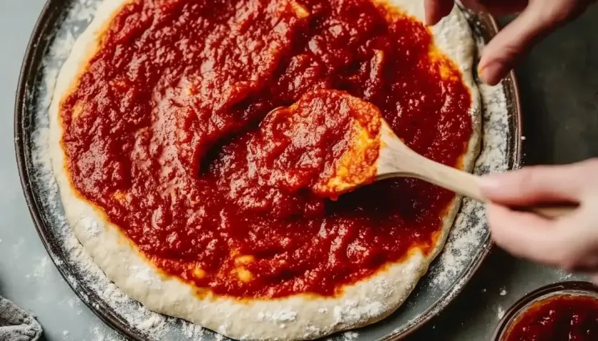 En pizza förbereds med en generös mängd smakrik grillsås tomat.