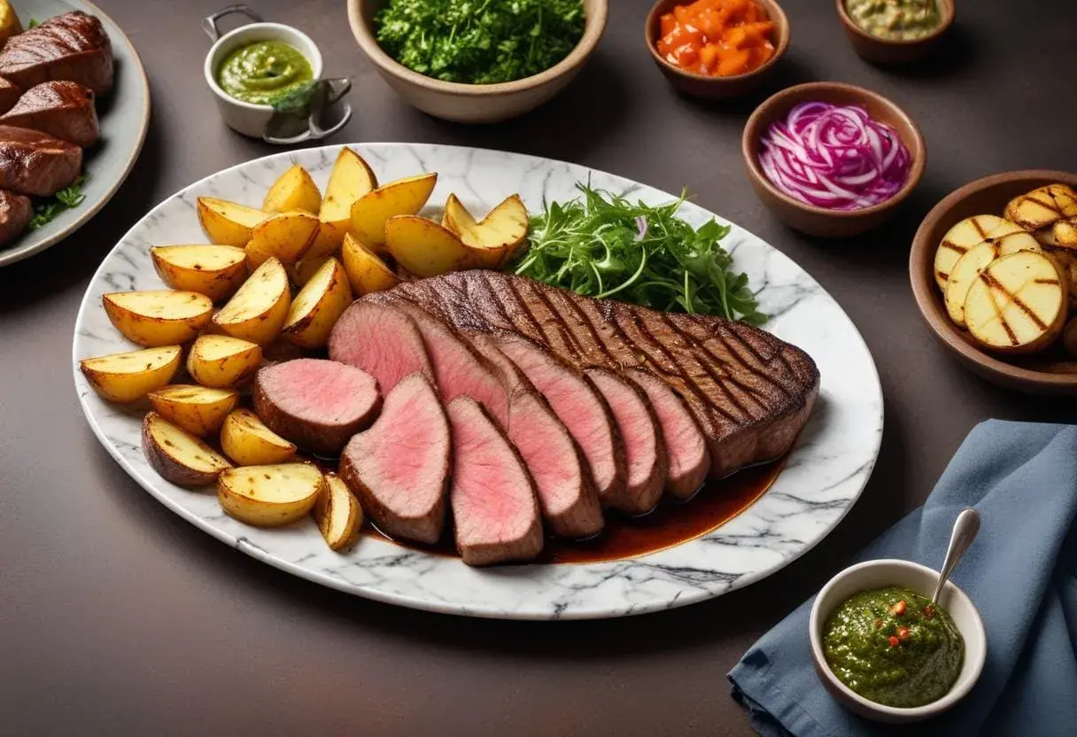 En perfekt stekt picanha steka med saftiga potatisklyftor och en grön sås.