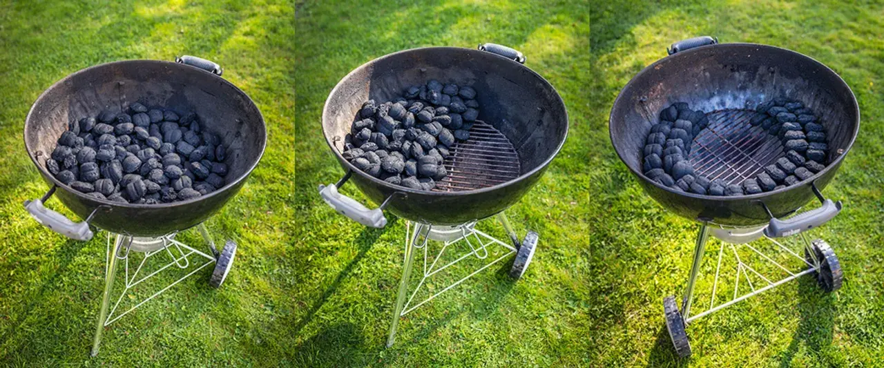 Tre grillar på gräsmattan, en med mycket kol, en med lite mindre, och en med bara lite kol kvar. Hur mycket kol i grillen?