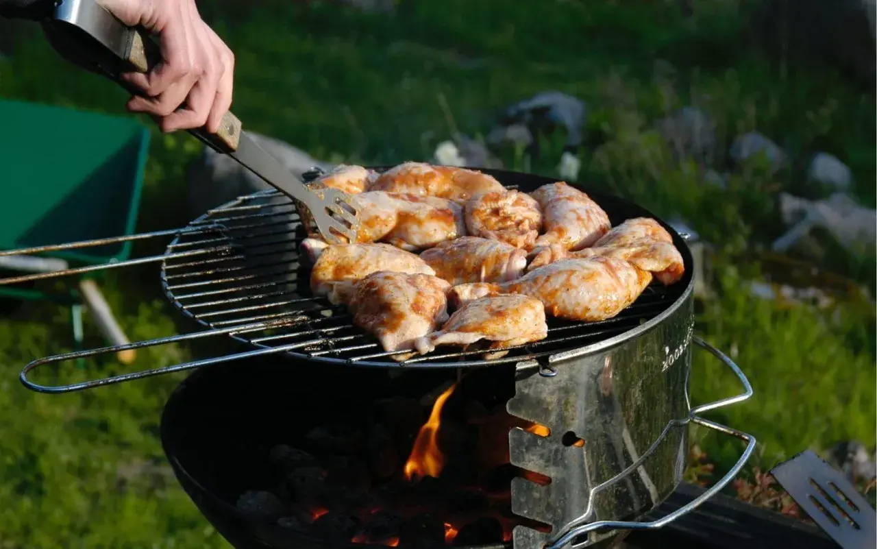Grilla med kolgrill. Kycklingdelar ligger på grillgallret, en hand vänder dem med en grilltång. Glödande kol syns under.