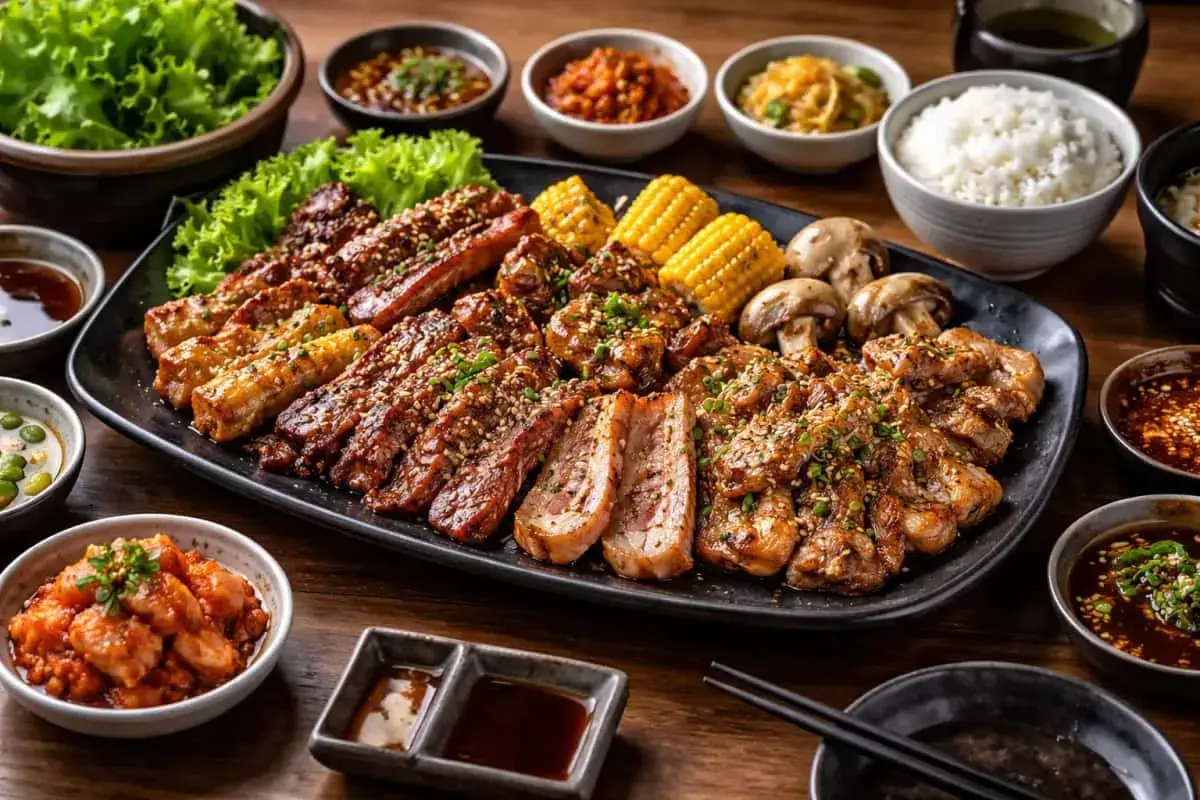 En generös asiatisk grilltallrik med olika sorters kött, majskolvar, champinjoner, ris och dippsåser.